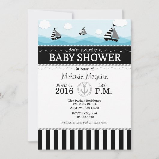 Invitation de Baby shower nautique bleu noir (Devant)