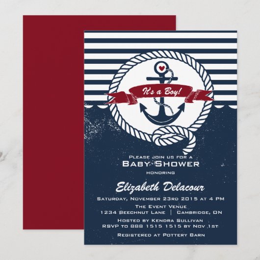 Invitation de Baby shower nautique de la Marine et (Devant / Derrière)