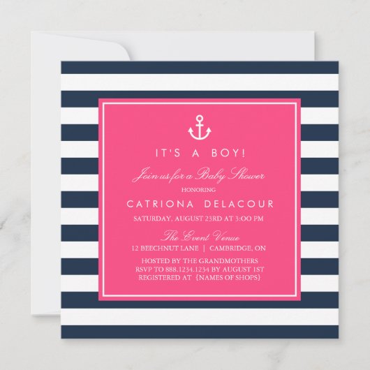 Invitation de Baby shower nautique Hot Pink & Navy (Devant)