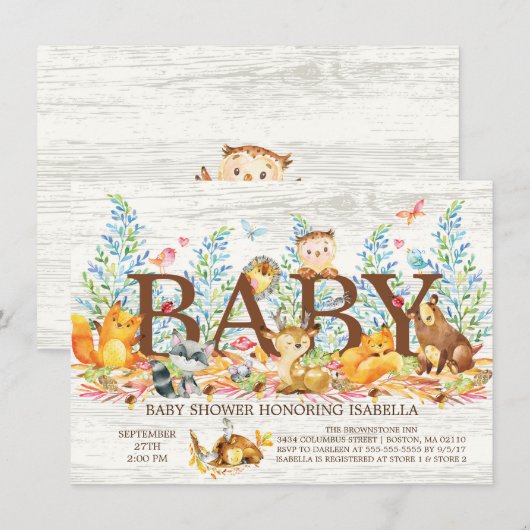 Invitation de Baby shower neutre en bois rustique (Devant / Derrière)