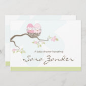 Invitation de baby shower - oiseaux de bébé roses (Devant / Derrière)