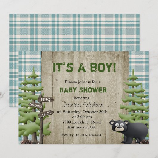 Invitation de Baby Shower Ours Rustique Garçon (Devant / Derrière)