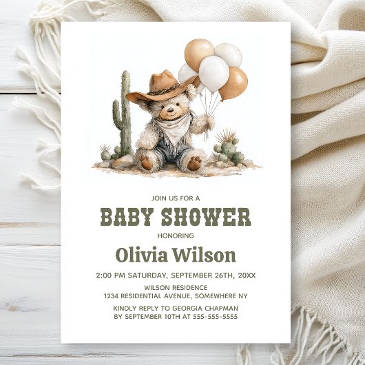 Invitation de baby shower ourson western rustique