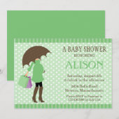 Invitation de Baby shower parapluie vert (Devant / Derrière)