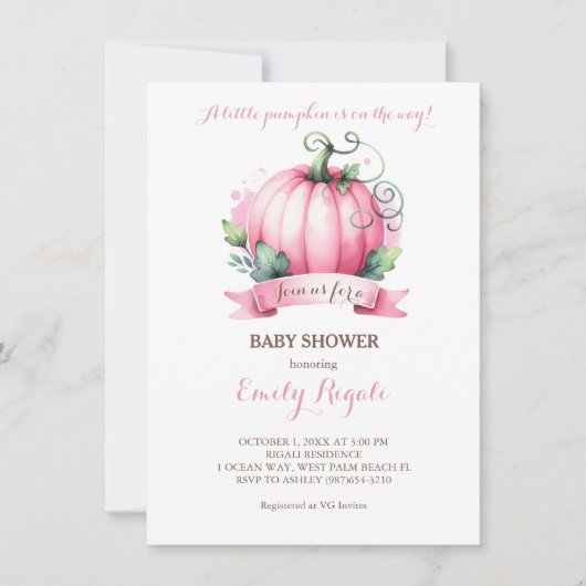 Invitation de Baby shower petit Citrouille - fille (Devant)