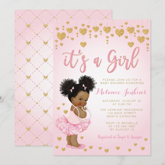 Invitation de Baby shower Pink Gold African Americ (Devant / Derrière)
