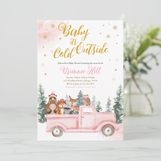 Invitation de Baby Shower Pink Winter Woodland  (Debout devant)