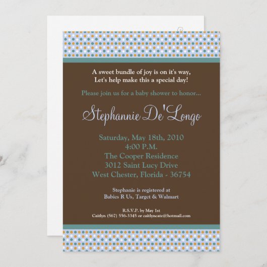 Invitation de Baby shower PolkaDot 5x7 Blue Sweeth (Devant / Derrière)