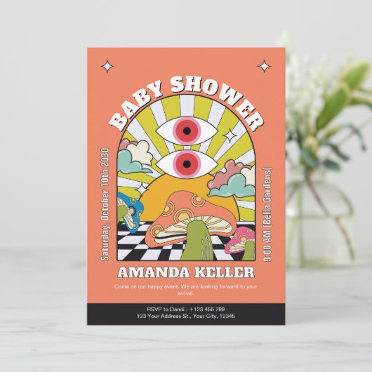Invitation de Baby shower psychédélique rétro (Debout devant)