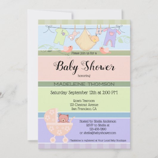 Invitation de Baby shower rayé Pastel (Devant)