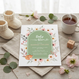Invitation de Baby Shower Renard Floral Vert Sauge