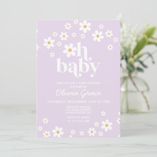 Invitation de Baby shower rétro Daisy Lavender (Debout devant)