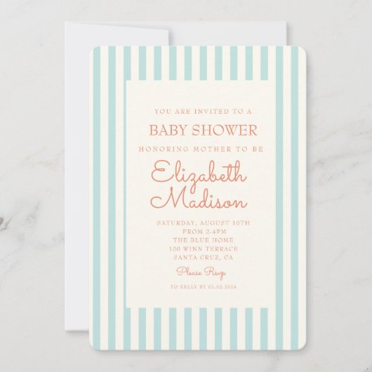 Invitation de Baby shower rétro rayé bleu (Devant)