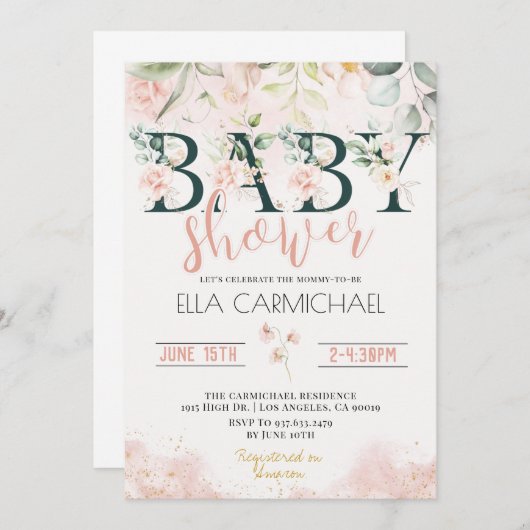 Invitation de Baby shower Rose (Devant / Derrière)
