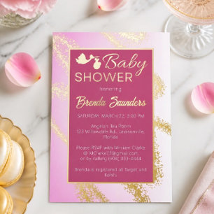 Invitation de baby shower rose avec feuille d'or