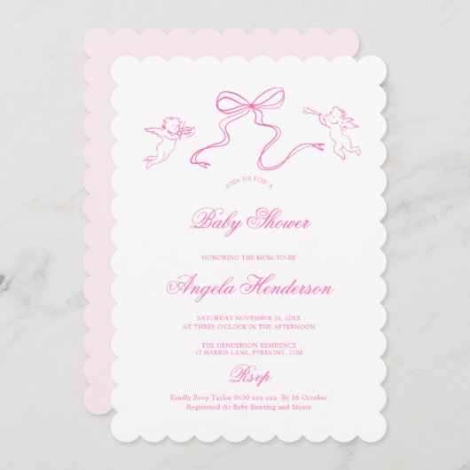 Invitation de Baby shower rose Bow à main mignonne (Devant / Derrière)