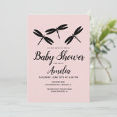 Invitation de Baby shower rose de libellules noire (Debout devant)