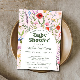 Invitation de Baby shower rose Fleur sauvage Aquar