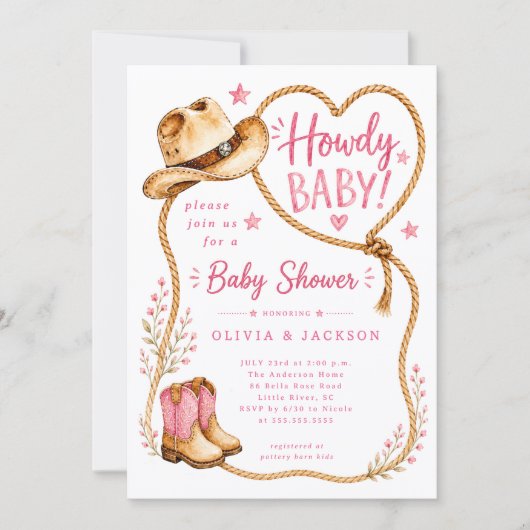 Invitation de Baby Shower Rose Howdy (Devant)