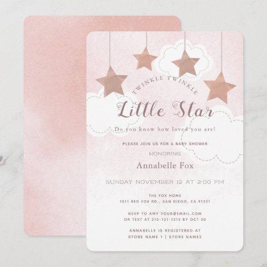 Invitation de Baby shower rose Little Star Twinkle (Devant / Derrière)