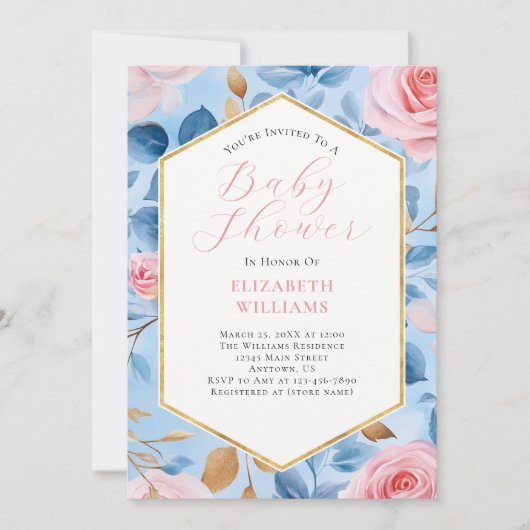 Invitation de Baby shower Roses en or rose (Devant)