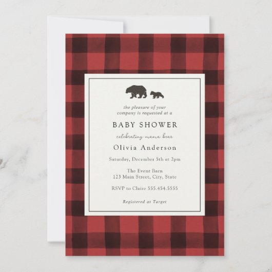 Invitation de Baby shower rouge de l'ours (Devant)