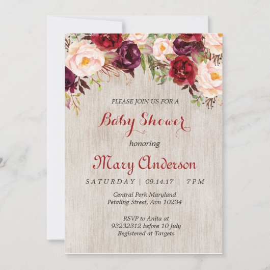 Invitation de Baby shower Rustic Red Marsala (Devant)