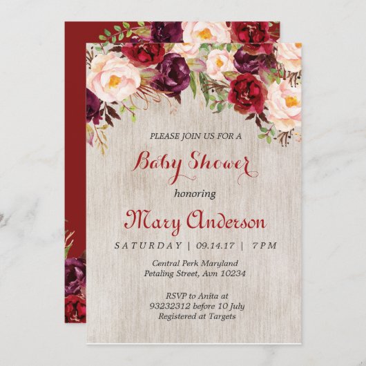Invitation de Baby shower Rustic Red Marsala (Devant / Derrière)