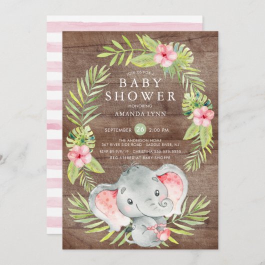 Invitation de Baby shower rustique de fille d'élép (Devant / Derrière)