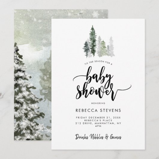 invitation de baby shower rustique forêt d'hiver (Devant / Derrière)