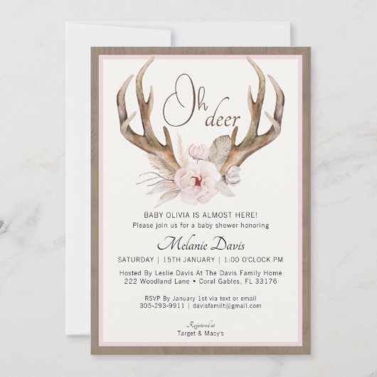 Invitation de Baby shower rustique rose vif - Boho (Devant)