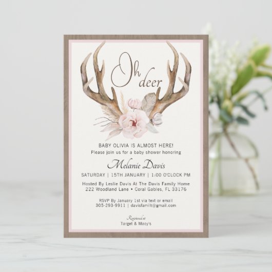 Invitation de Baby shower rustique rose vif - Boho (Debout devant)