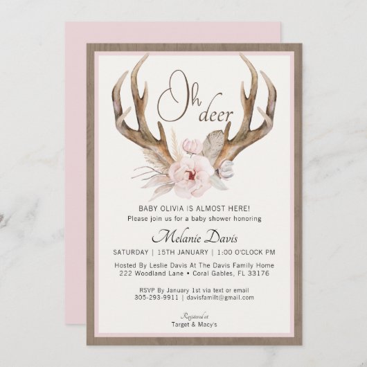 Invitation de Baby shower rustique rose vif - Boho (Devant / Derrière)