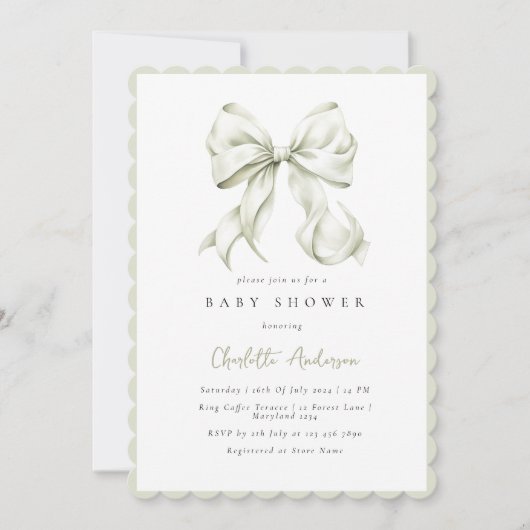 Invitation de Baby shower Sage Green Bow (Devant)