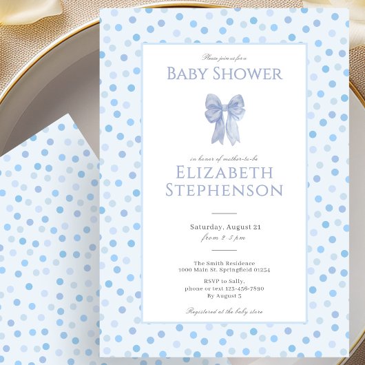 Invitation de baby shower Simple Blue Bow à pois