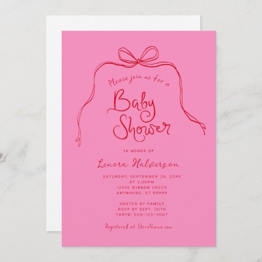 Invitation de Baby shower simple Bow rouge rose gr (Devant / Derrière)