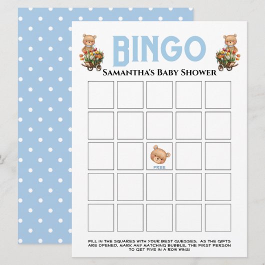 Invitation de Baby Shower Teddy Floral Bleu Bingo  (Devant / Derrière)