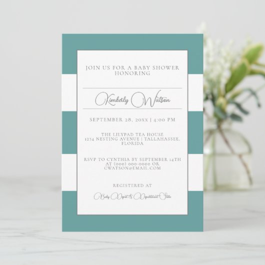Invitation de Baby shower turquoise à rayures (Debout devant)