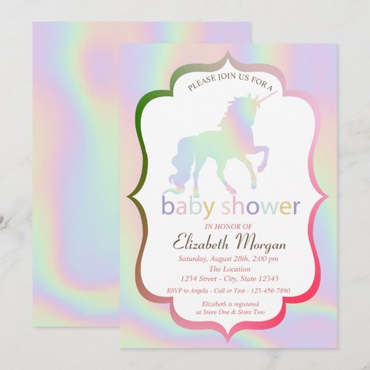 Invitation de Baby shower Unicorn Holographique (Devant / Derrière)