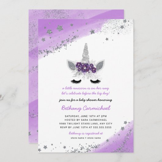 Invitation de Baby shower Unicorne d'argent violet (Devant / Derrière)