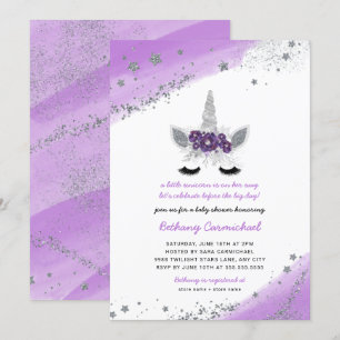 Invitation de Baby shower Unicorne d'argent violet