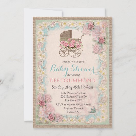 Invitation de baby shower vintage avec calèche flo (Devant)