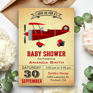 Invitation de baby shower vintage avion rouge
