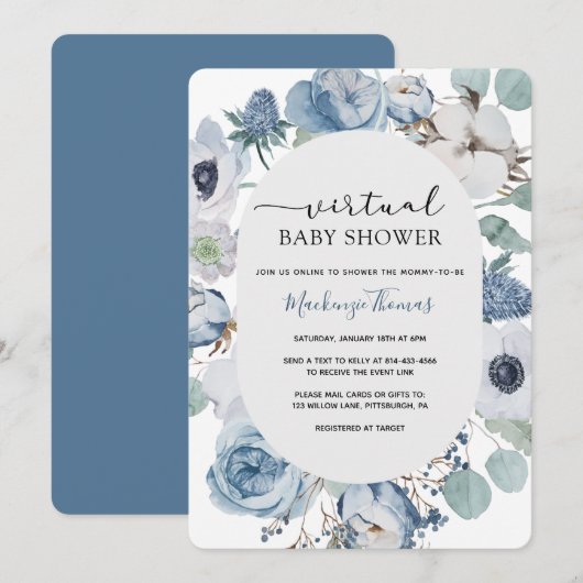 Invitation de Baby shower virtuel Dusty Blue Flora (Devant / Derrière)