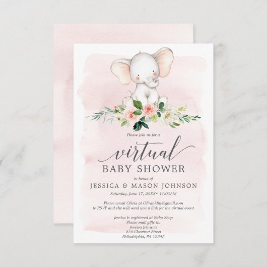 Invitation de Baby shower virtuel Pink Elephant (Devant / Derrière)