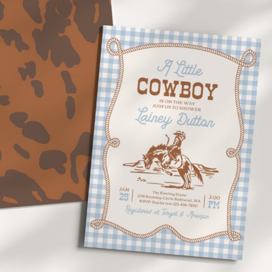 Invitation de baby shower Western à carreaux bleus
