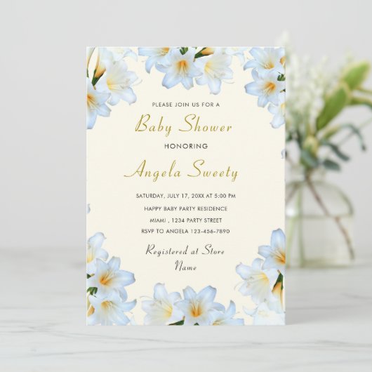 Invitation de Baby shower White Lilies avec code Q (Debout devant)