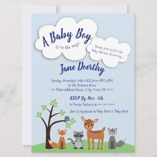 Invitation de Baby showers de bois - Animaux fores (Devant)