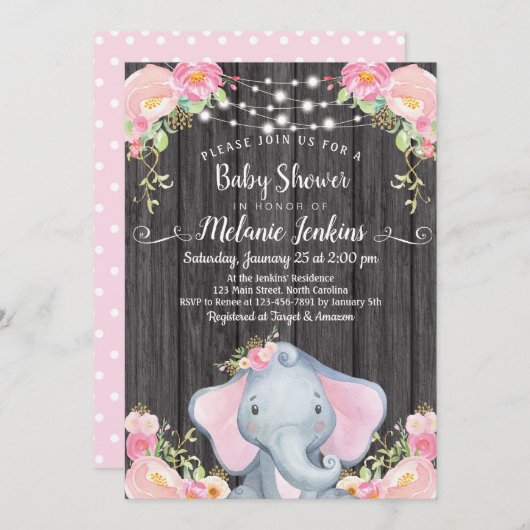 Invitation de Baby showers d'éléphants de filles (Devant / Derrière)
