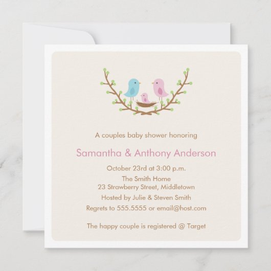 Invitation de Baby showers d'oiseaux de couples -  (Devant)